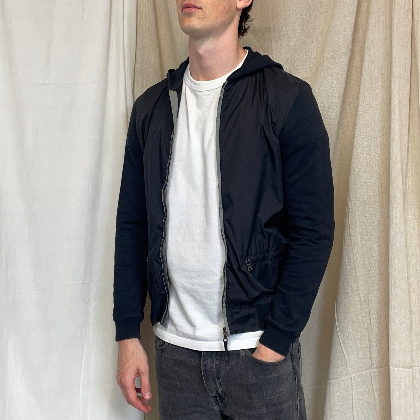 Prada Sport Navy 00s Nylon Panelled Lightweight Zip-Through Hoodie