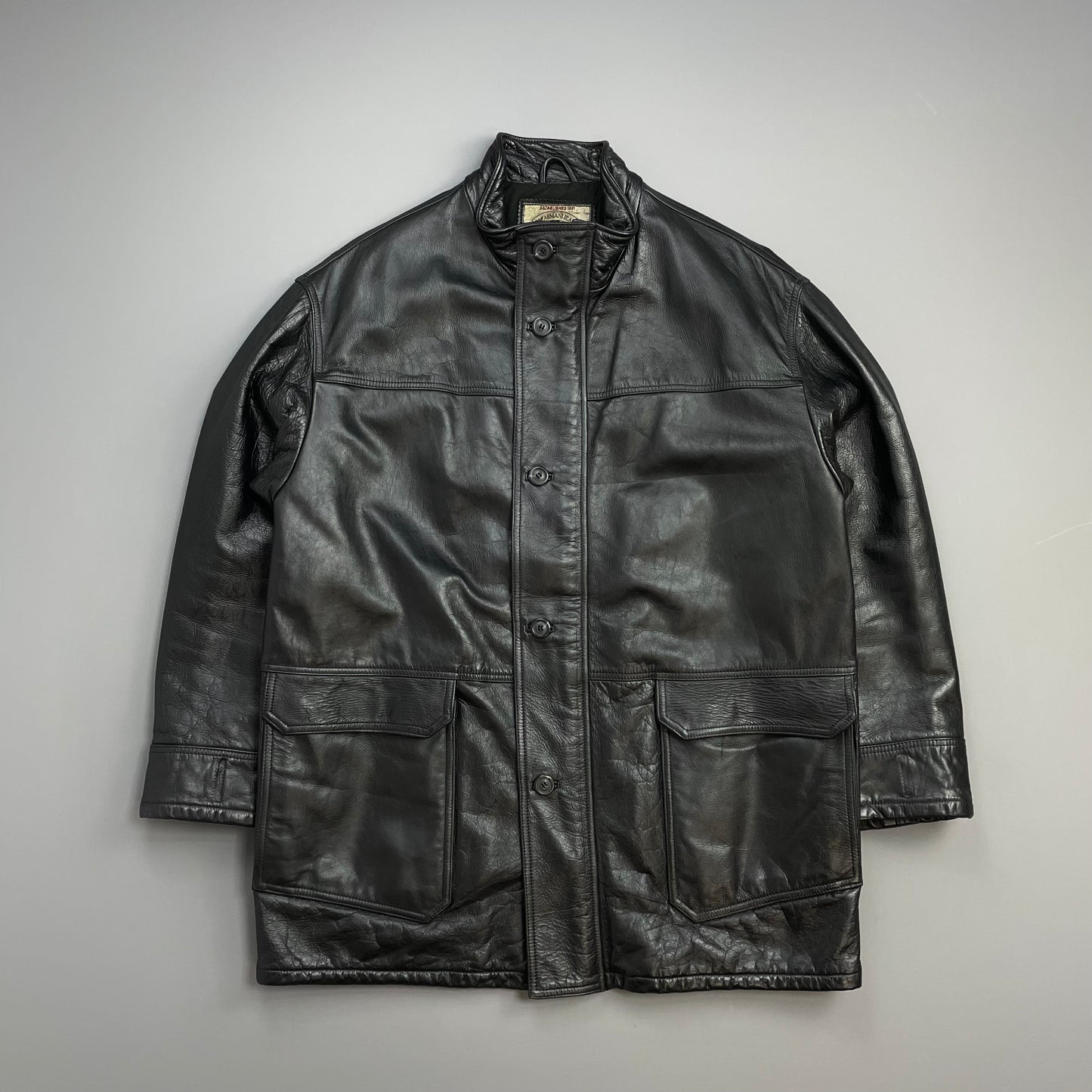 Armani Jeans Black 90s Premium Leather Overcoat