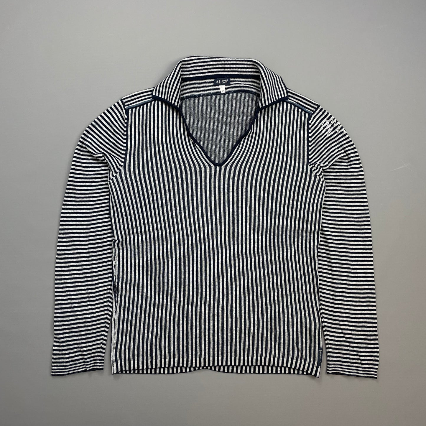Armani Jeans Grey & Navy Striped Cotton Knit Collared Jumper