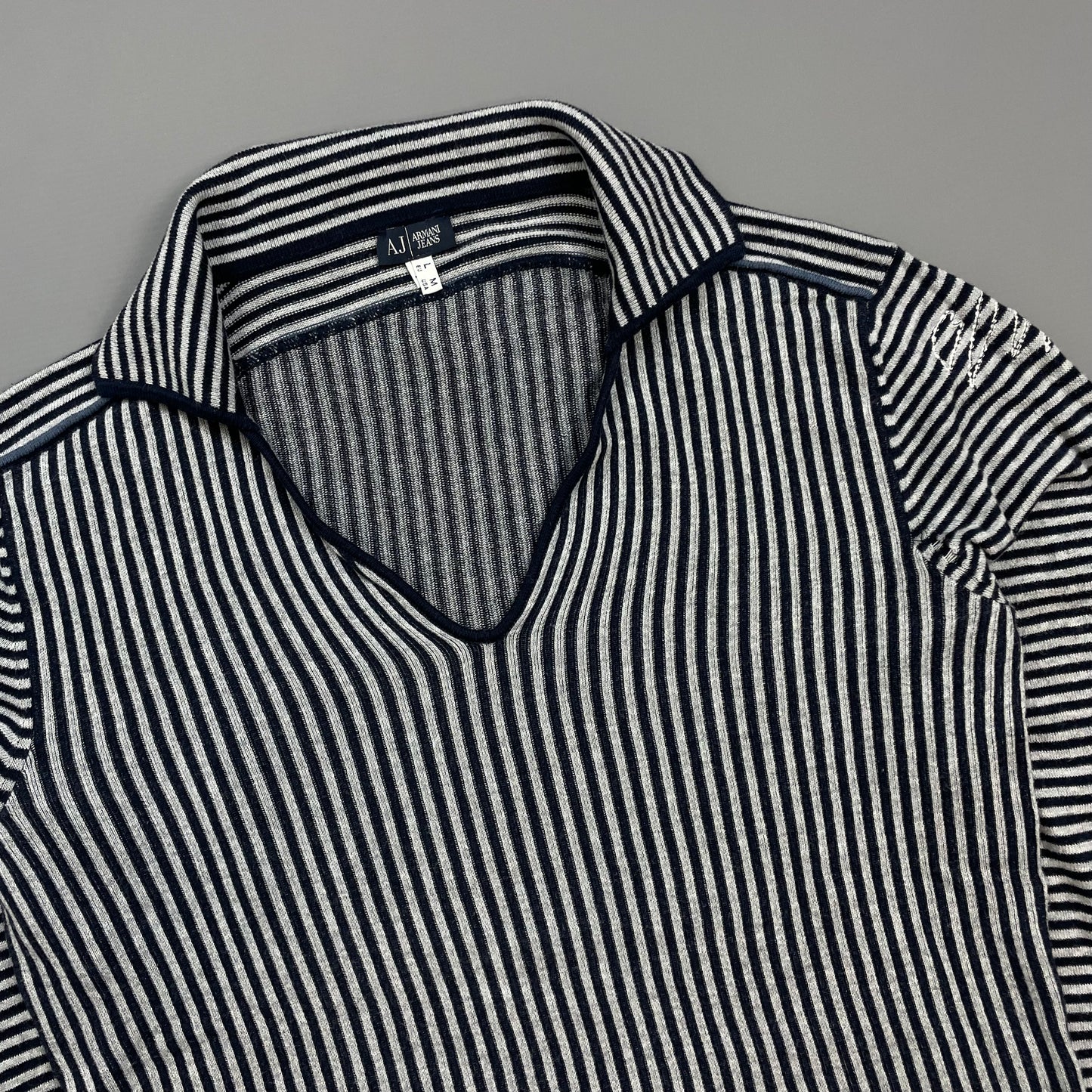 Armani Jeans Grey & Navy Striped Cotton Knit Collared Jumper
