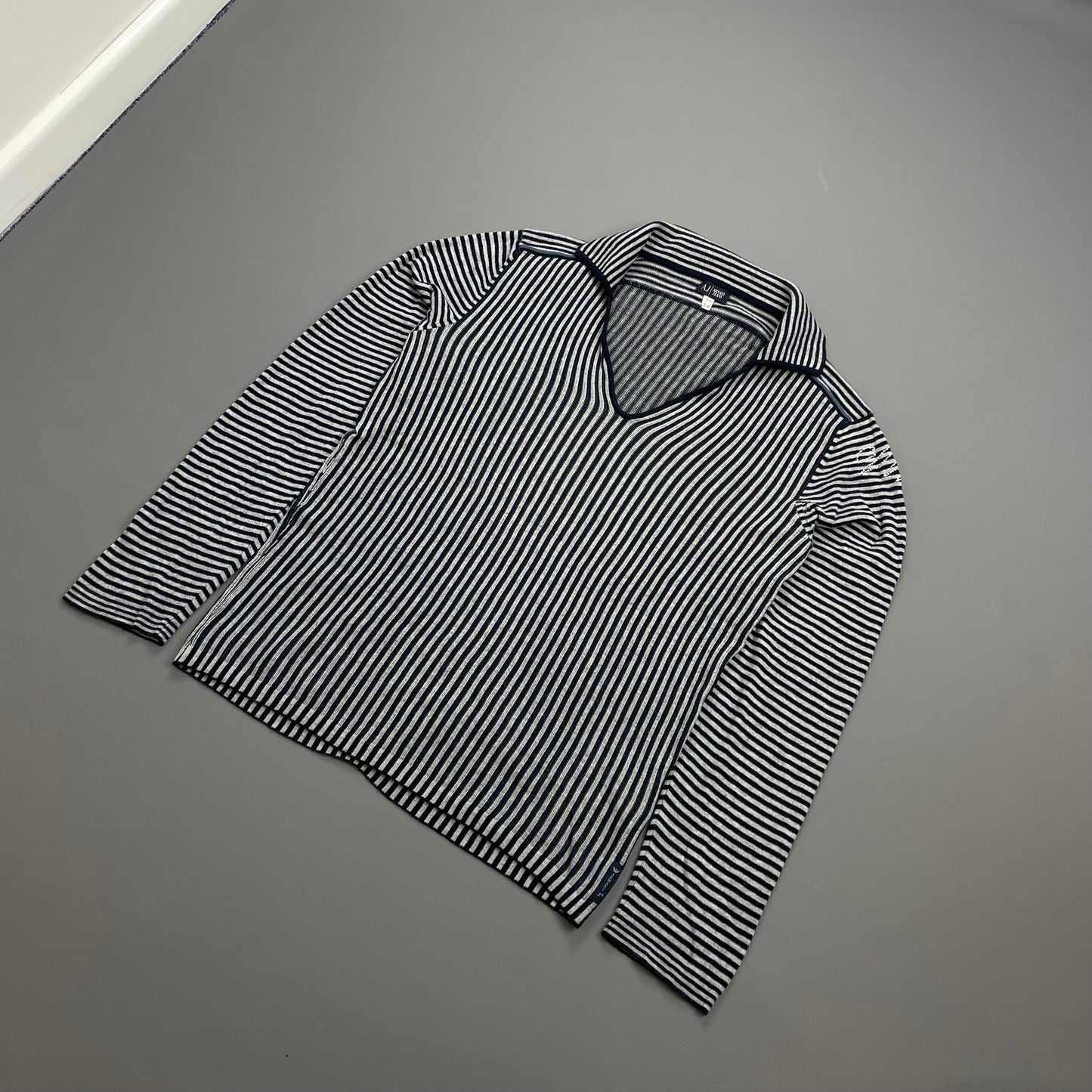 Armani Jeans Grey & Navy Striped Cotton Knit Collared Jumper
