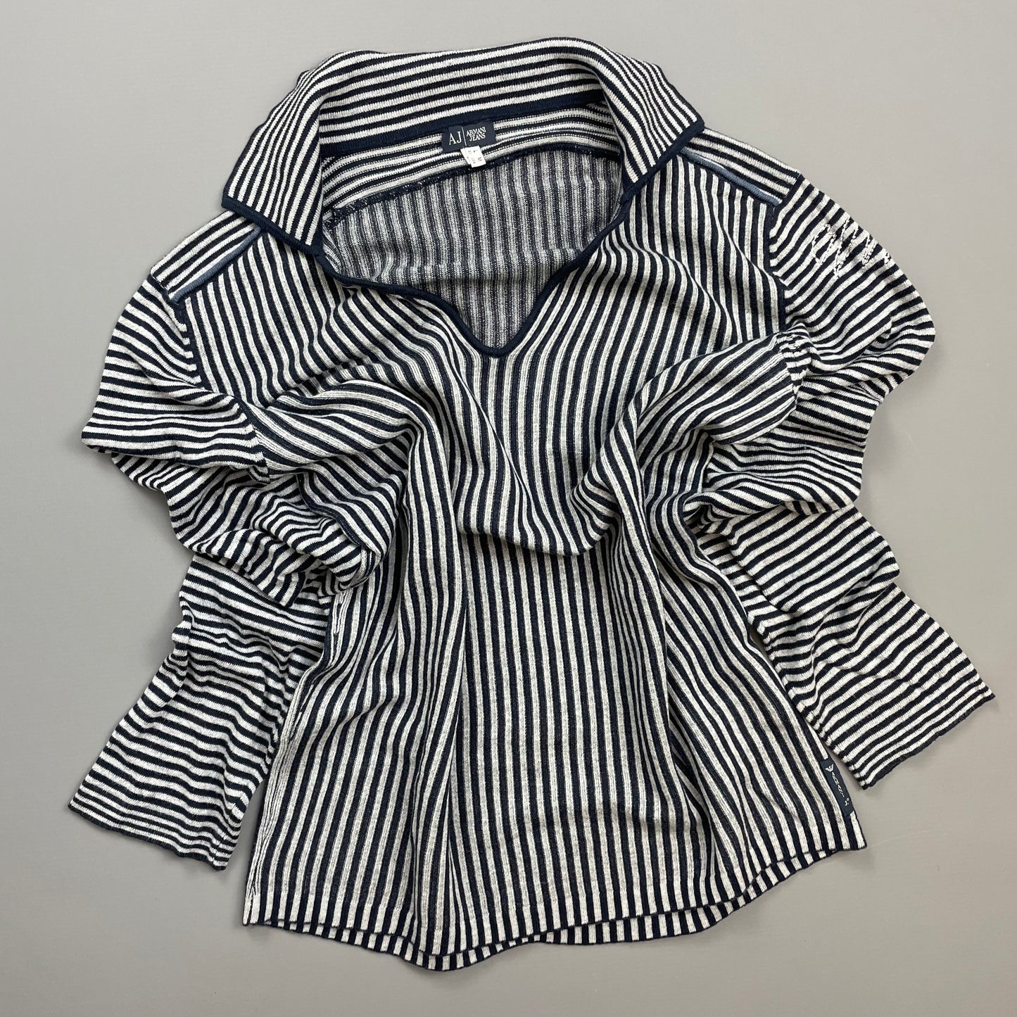 Armani Jeans Grey & Navy Striped Cotton Knit Collared Jumper