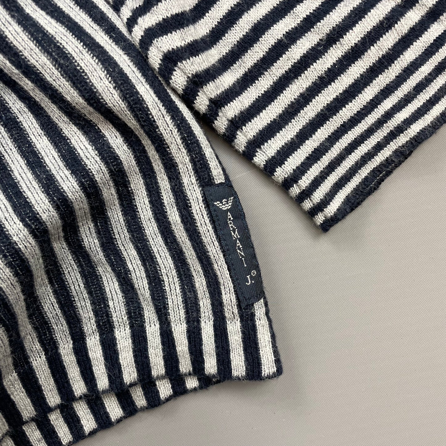 Armani Jeans Grey & Navy Striped Cotton Knit Collared Jumper