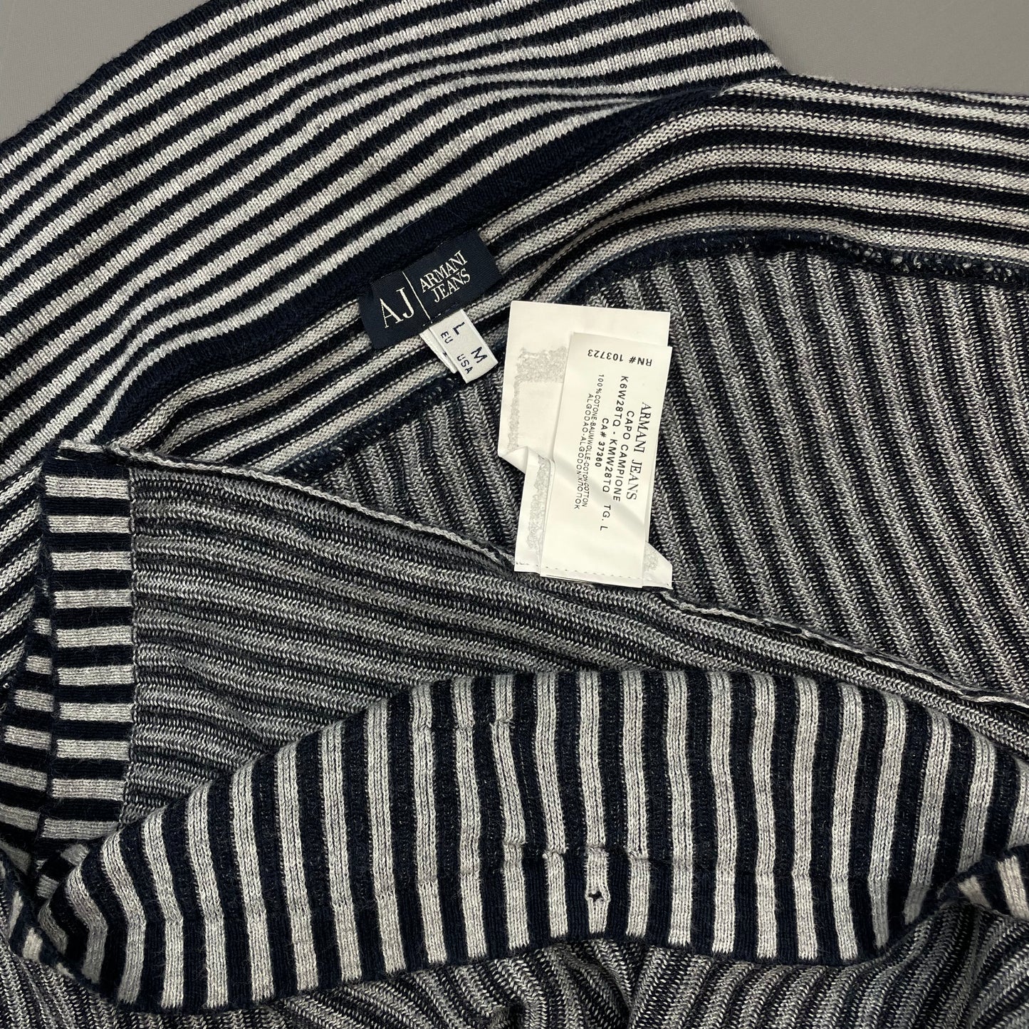 Armani Jeans Grey & Navy Striped Cotton Knit Collared Jumper