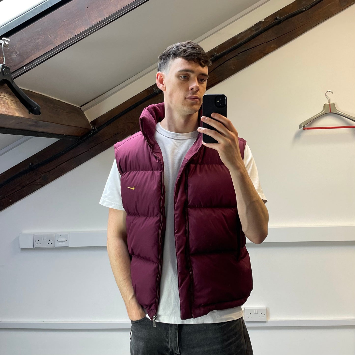 Nike Maroon 2002 Fall Release Down Puffer Gilet Vest w/ Concealed Hood