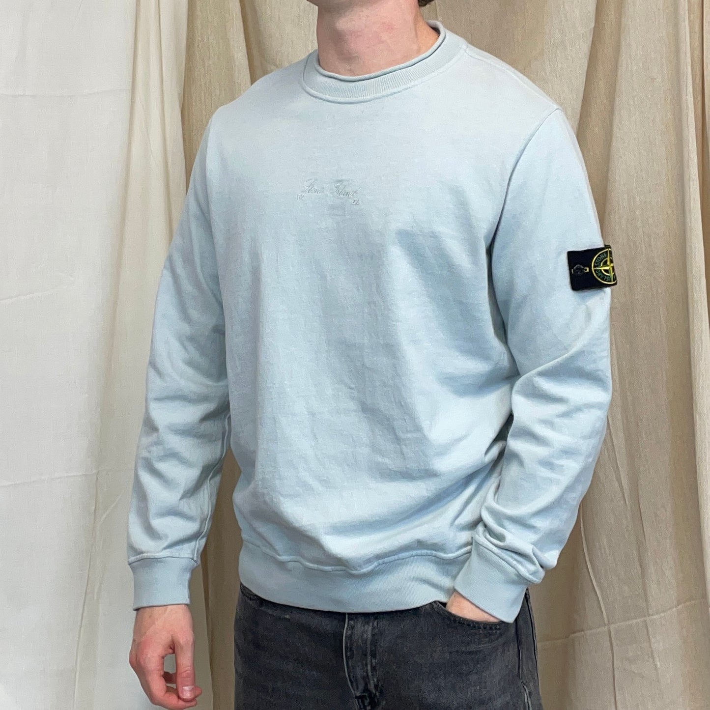Stone Island Blue AW22 40th Anniversary Embroidered Raw-Edge Mockneck Jumper