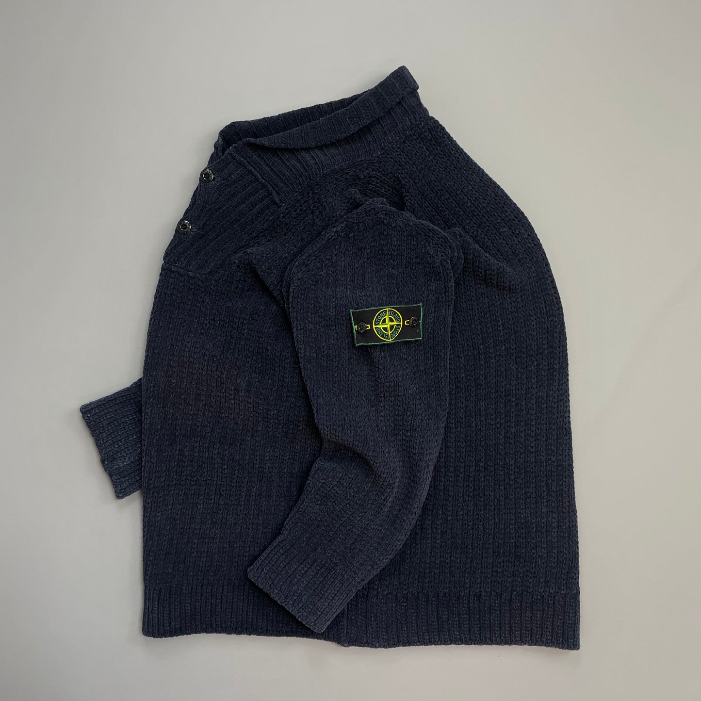 Stone Island Navy AW97 Chenille Knit Button-Up Green Edge Badge Jumper