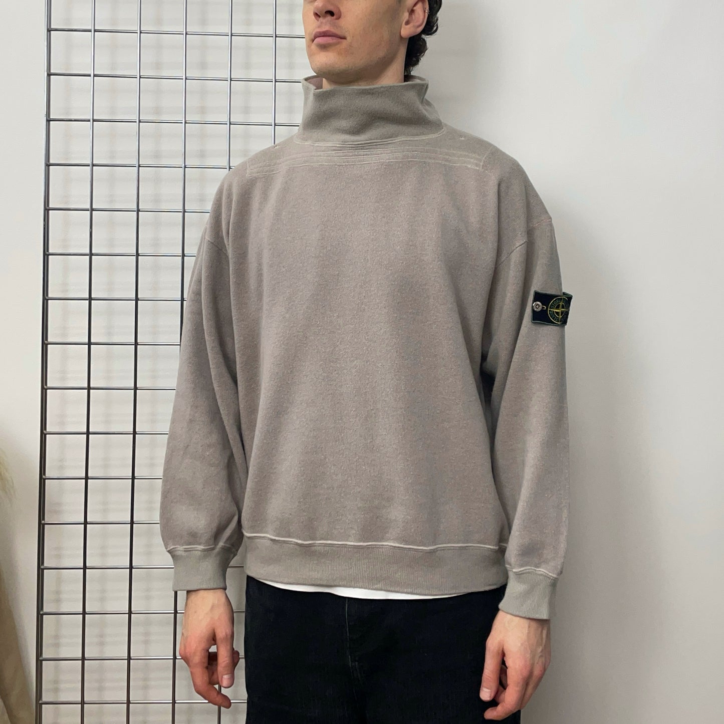 Stone Island Grey Pink 80s Silver Button Compass Emblem Roll-Neck Jumper