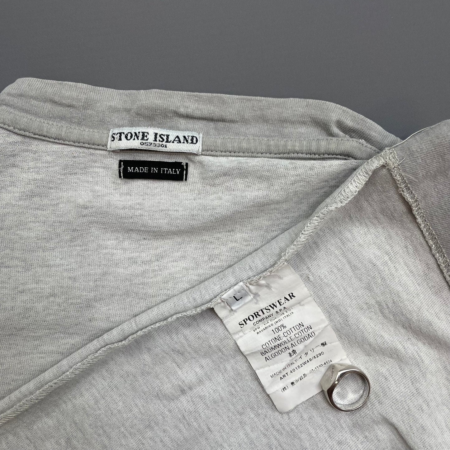 Stone Island Grey/Blue SS04 Sleeve Spellout T-Shirt
