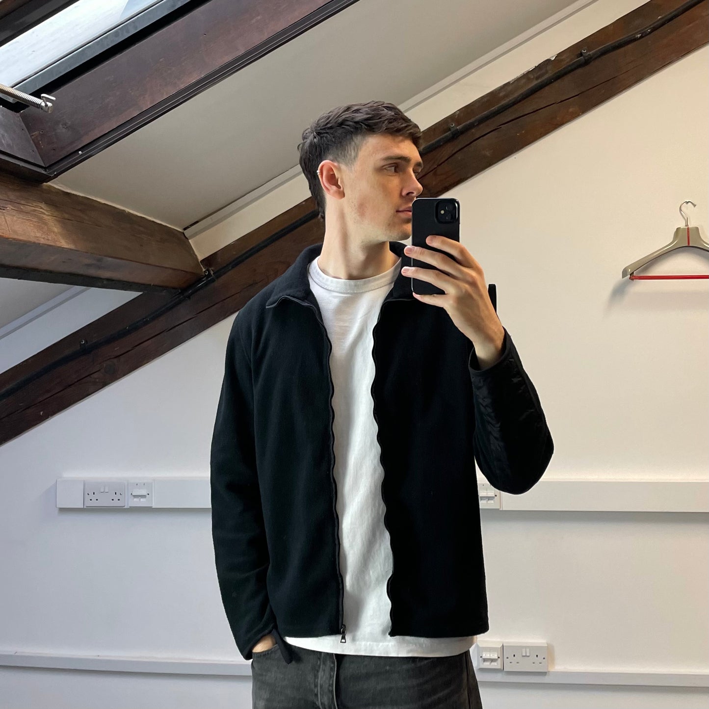 Prada Sport Black Lightweight Nylon Panel Fleece Jacket