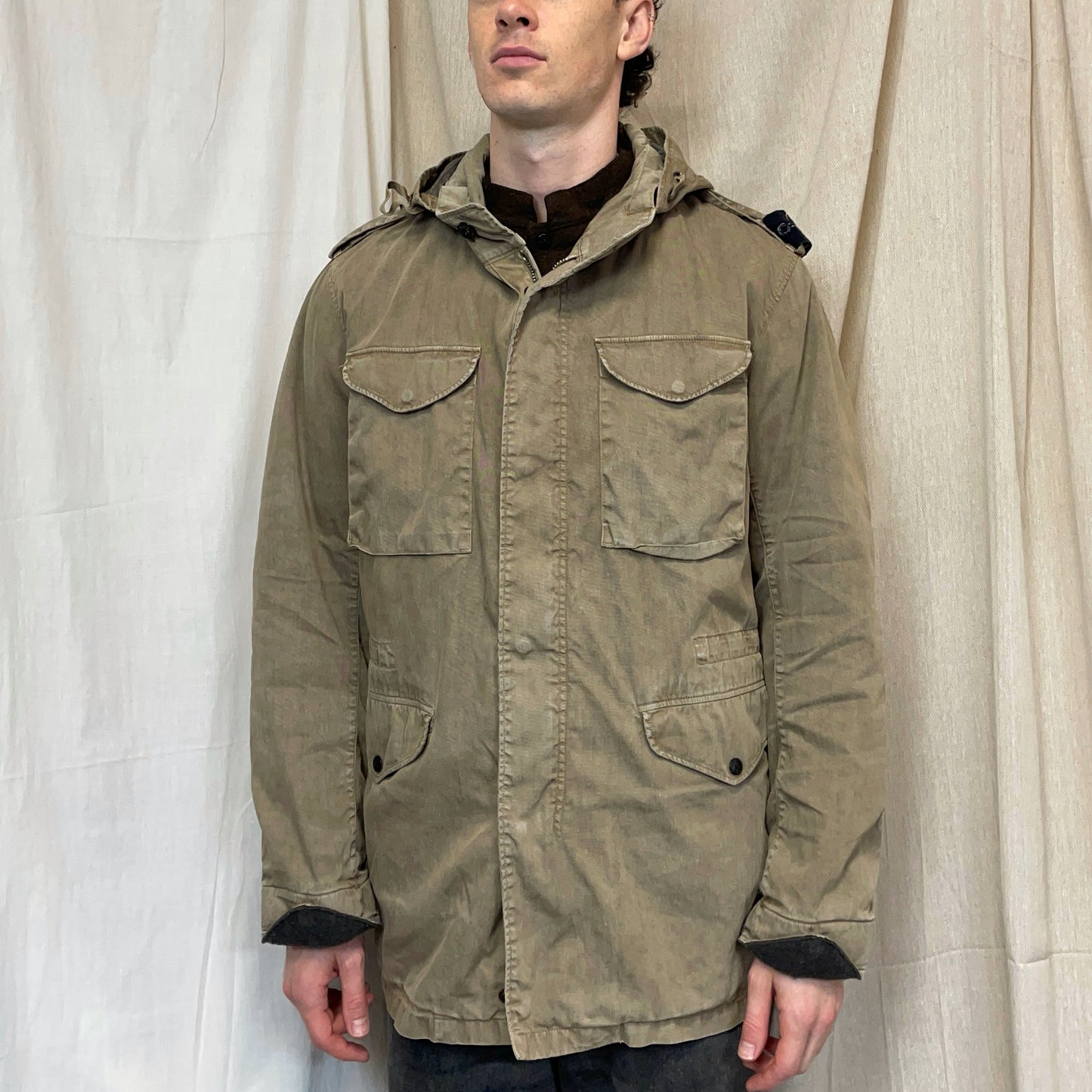 Stone Island Tan & Brown AW06 Lino-Flax Concealed Hood Dutch Rope Liner Overcoat