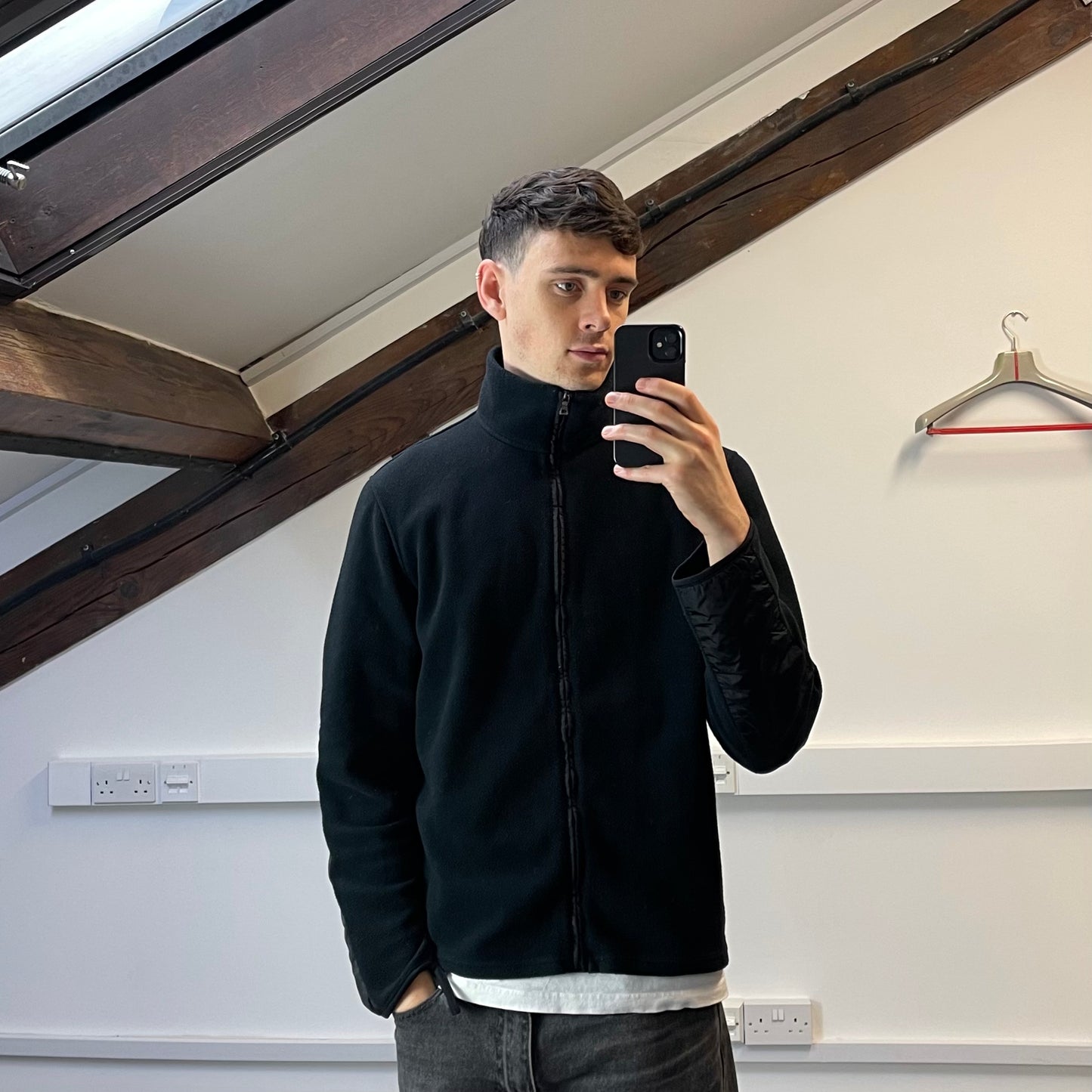 Prada Sport Black Lightweight Nylon Panel Fleece Jacket