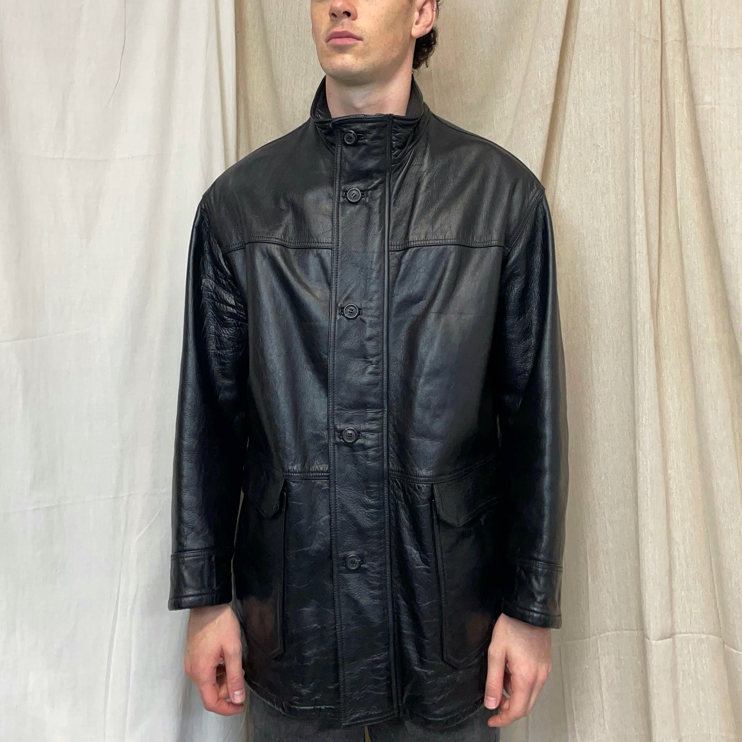 Armani Jeans Black 90s Premium Leather Overcoat