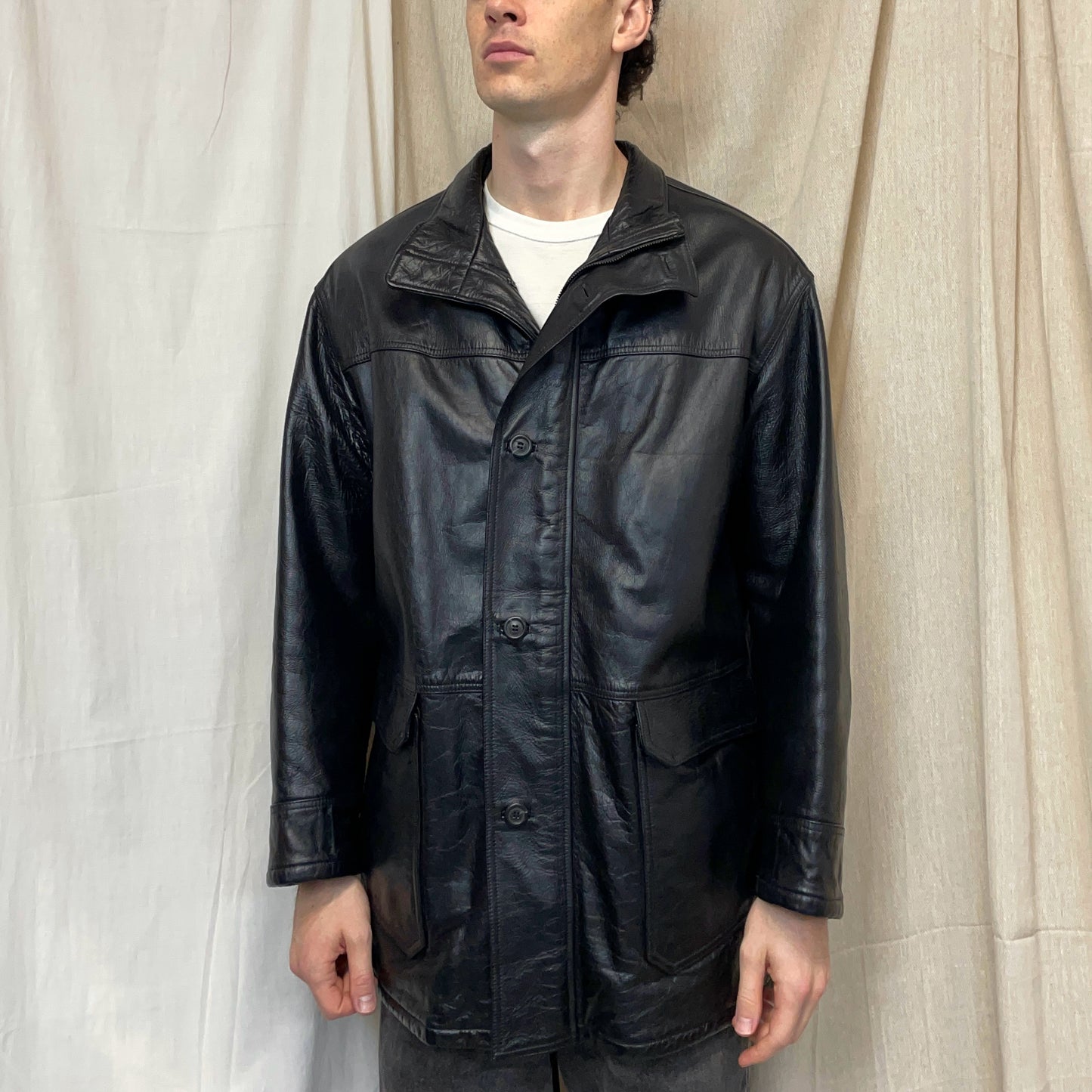 Armani Jeans Black 90s Premium Leather Overcoat