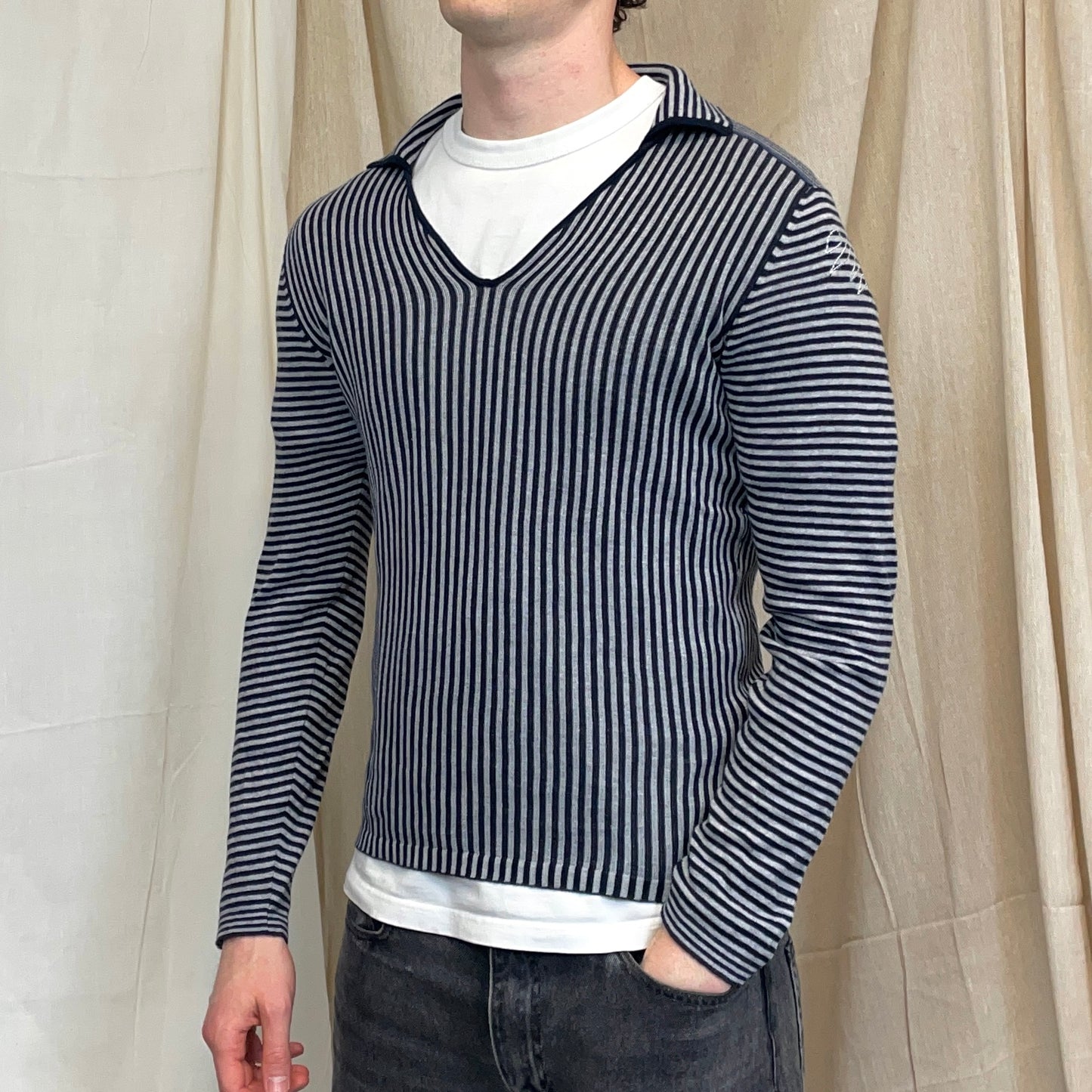 Armani Jeans Grey & Navy Striped Cotton Knit Collared Jumper