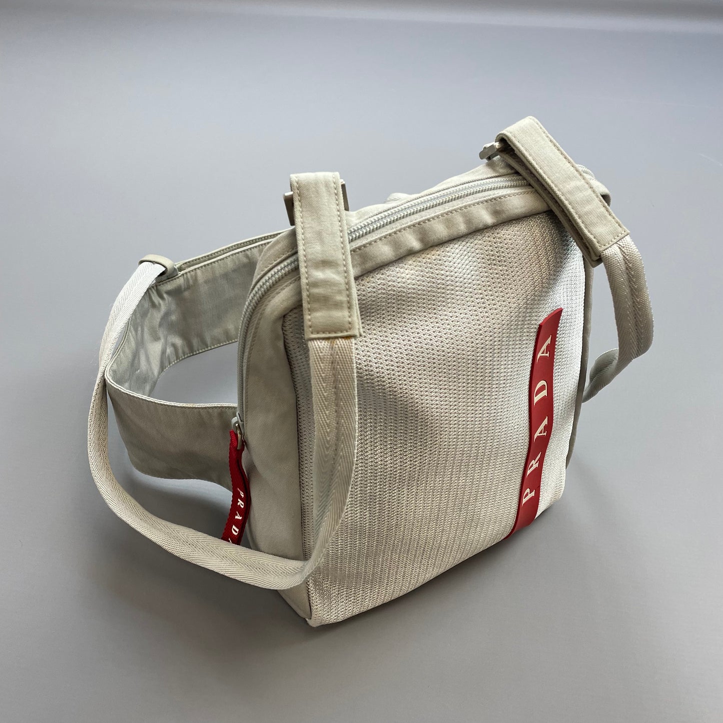 Prada Sport Grey 1999 Nylon Mesh Harness Backpack Spellout Bag