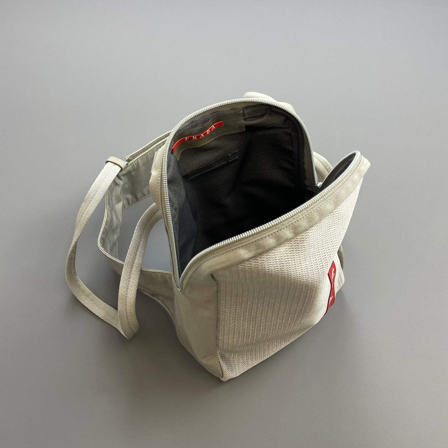 Prada Sport Grey 1999 Nylon Mesh Harness Backpack Spellout Bag