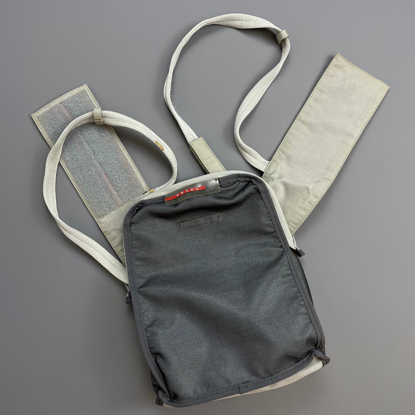 Prada Sport Grey 1999 Nylon Mesh Harness Backpack Spellout Bag