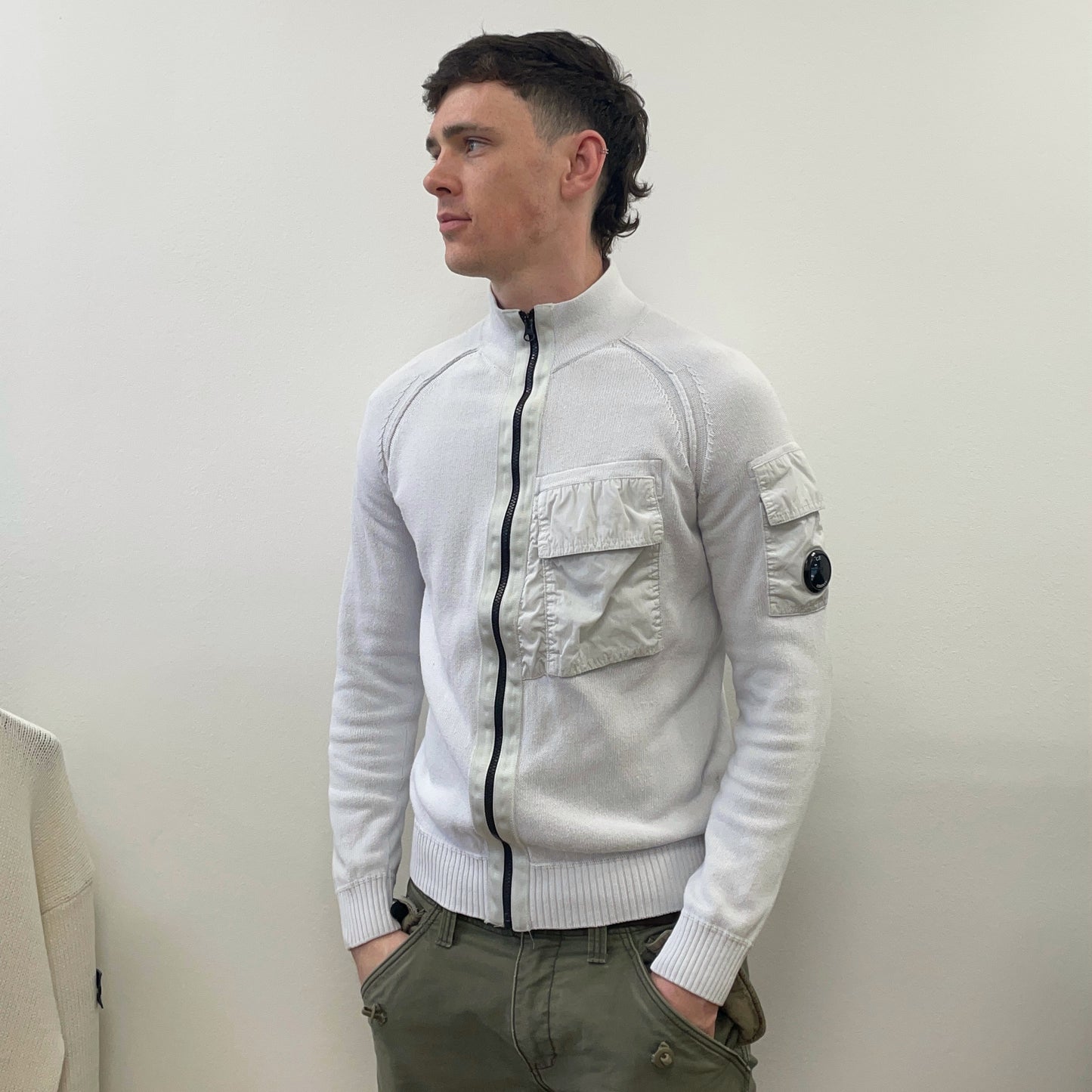 CP Company White Technical Knit Panel Pocket & Lens Jumper