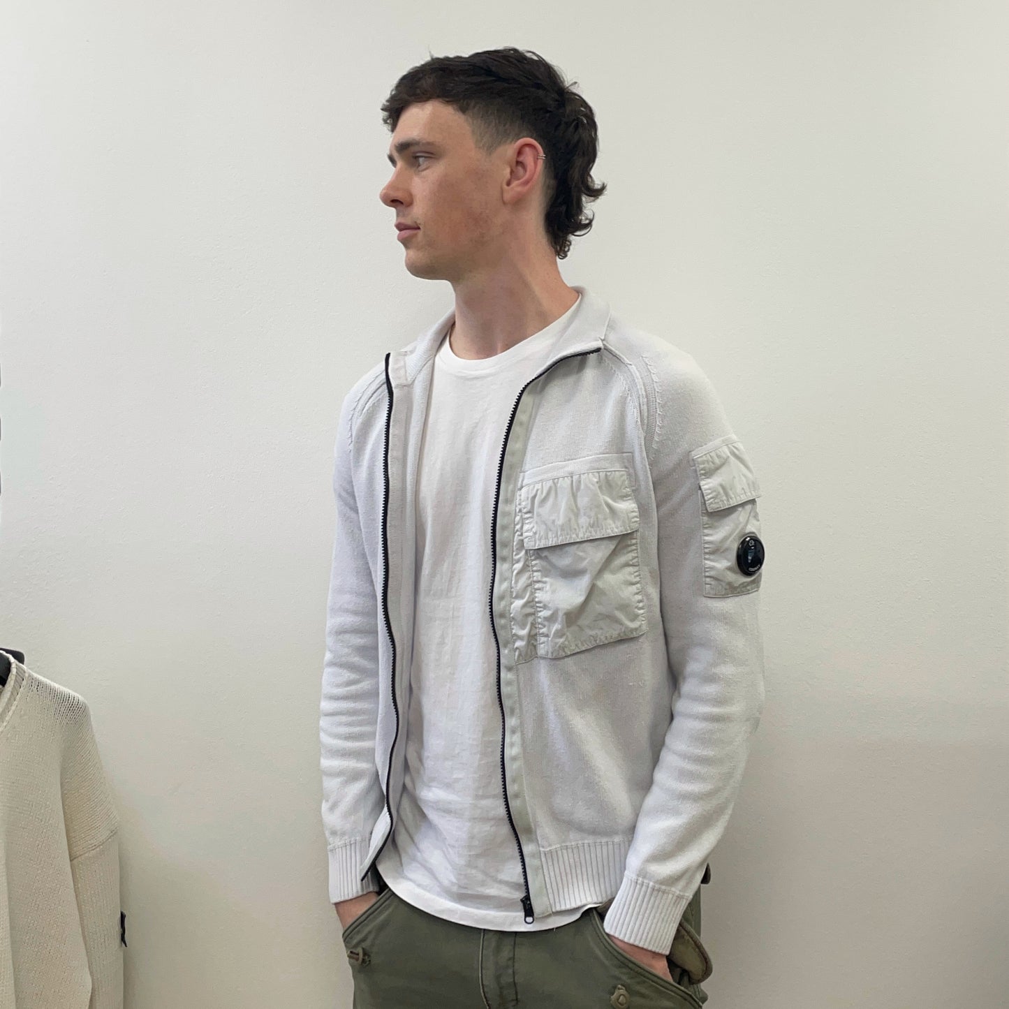 C.P. Company White Technical Knit Panel Pocket & Lens Jumper