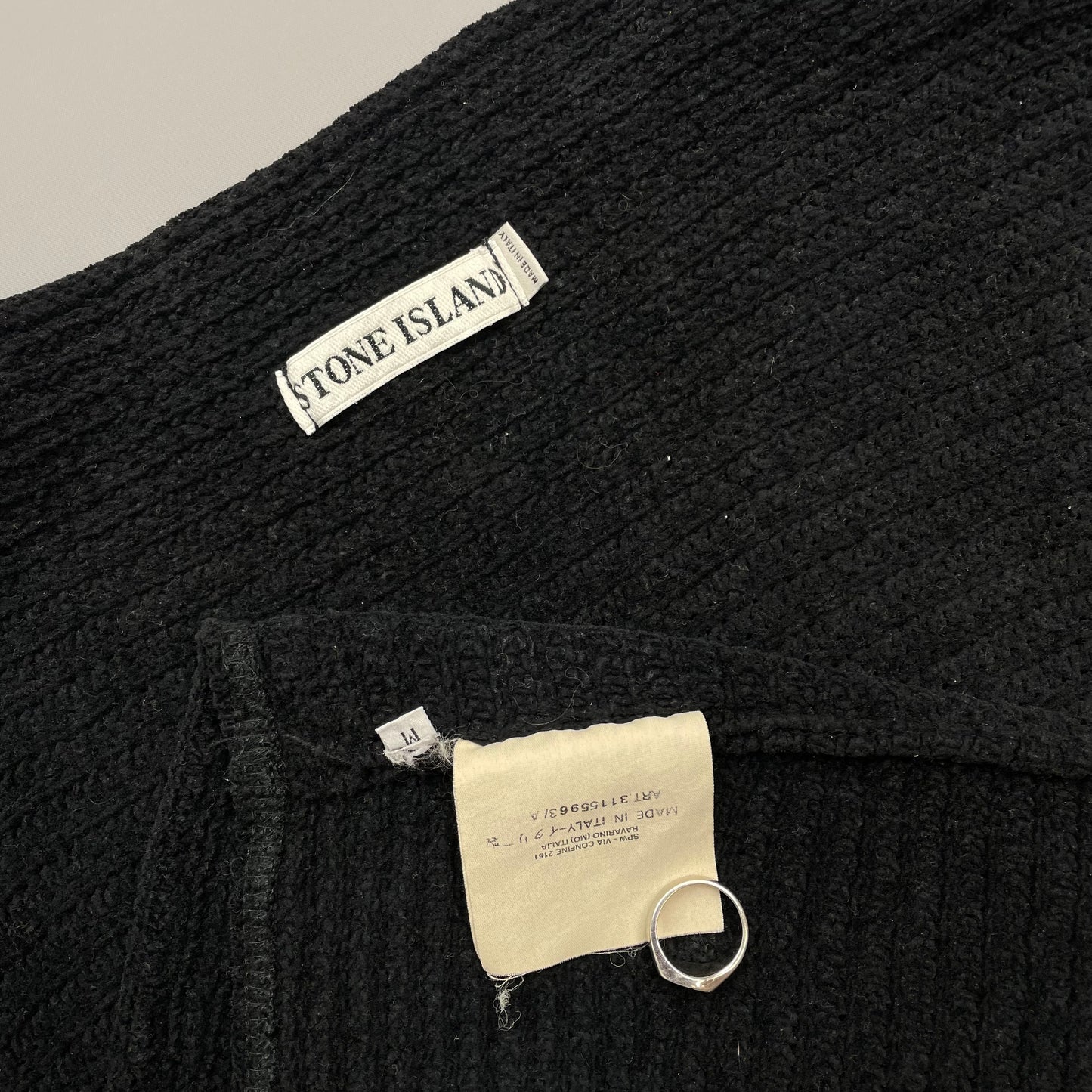 Stone Island Black AW99 Chenille Knit Jumper w/ Green Edge Badge