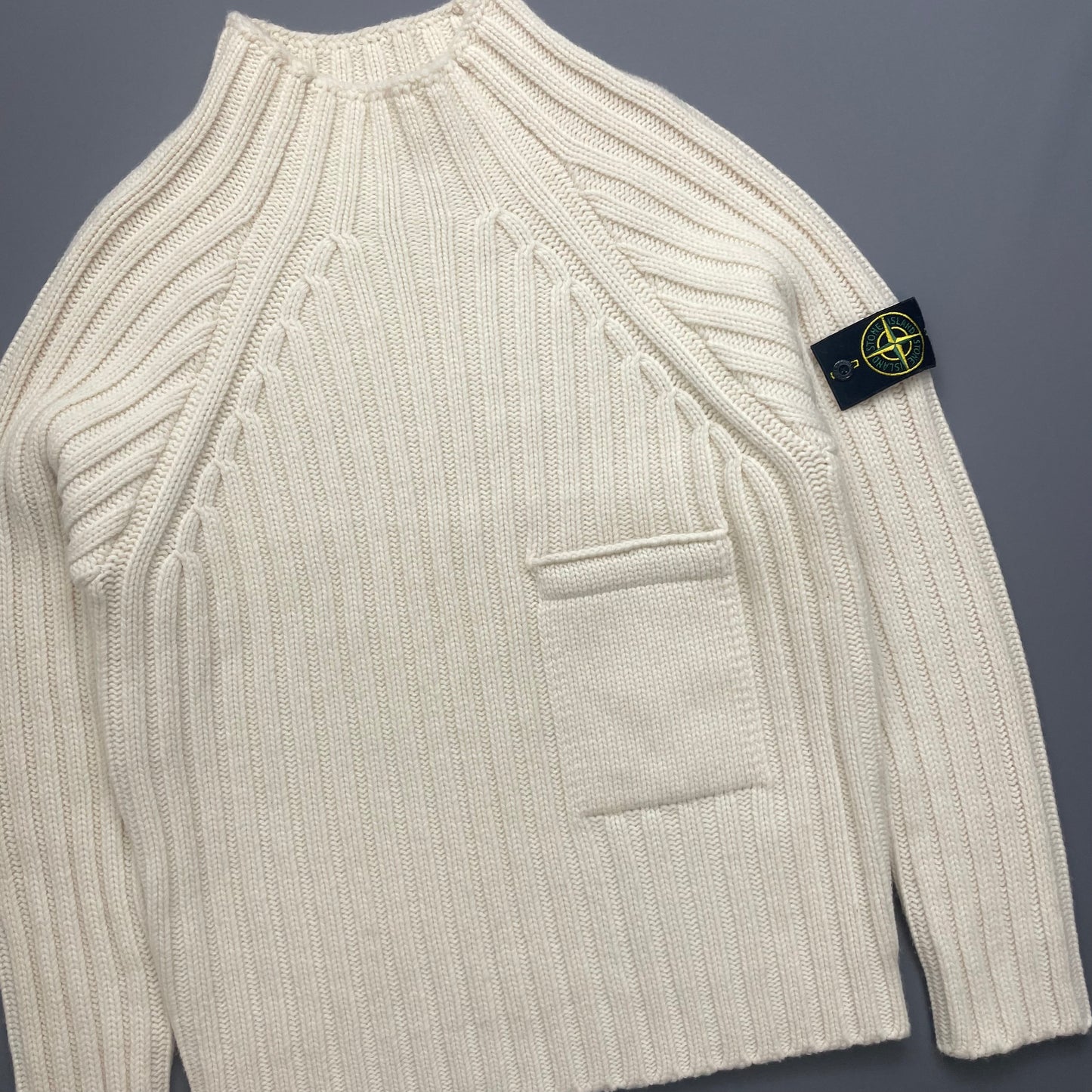 Stone Island Cream Chunky AW18 Mid-Pocket Knit Mockneck Jumper