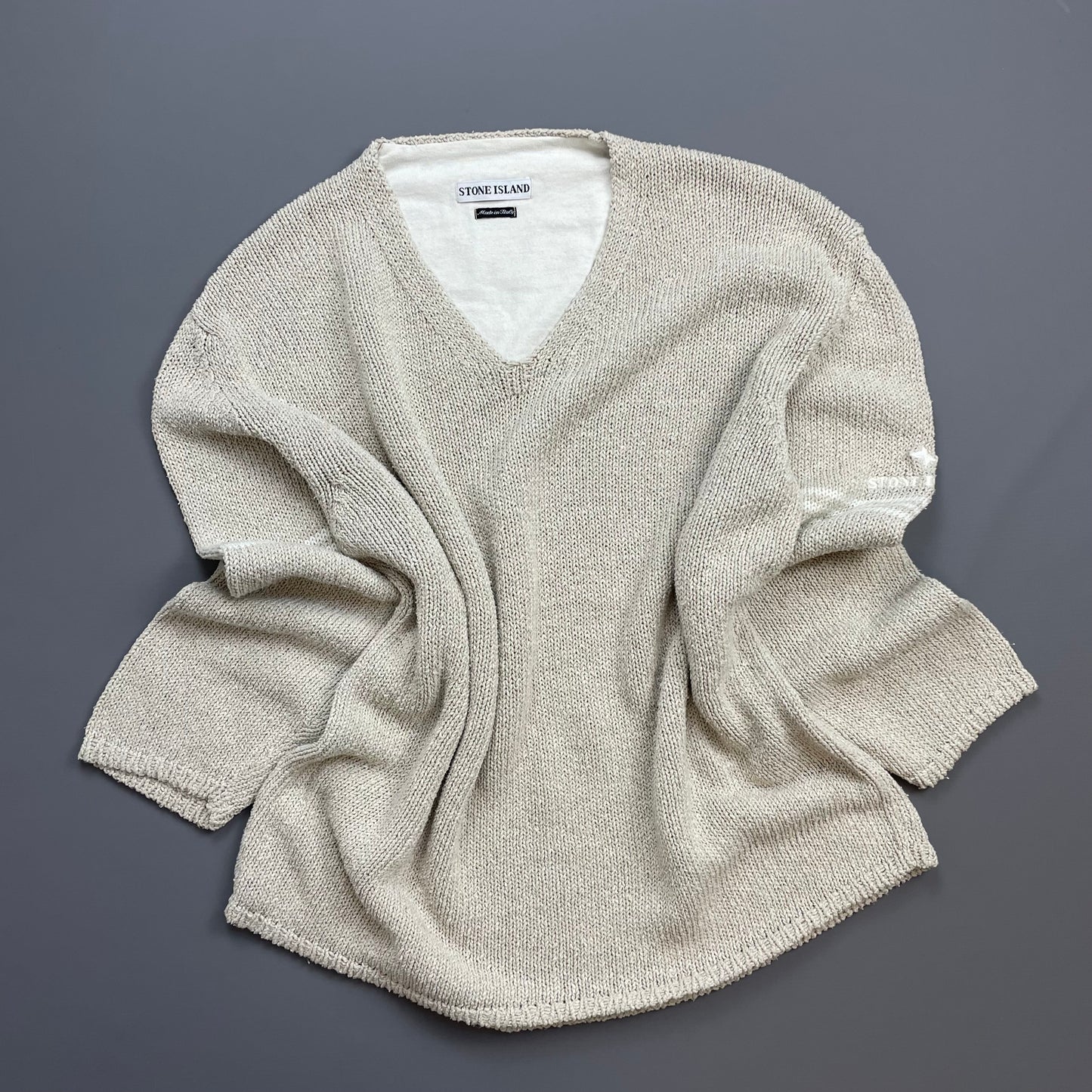 Stone Island Beige SS98 Relaxed Fit Sleeve Spellout Knit Jumper