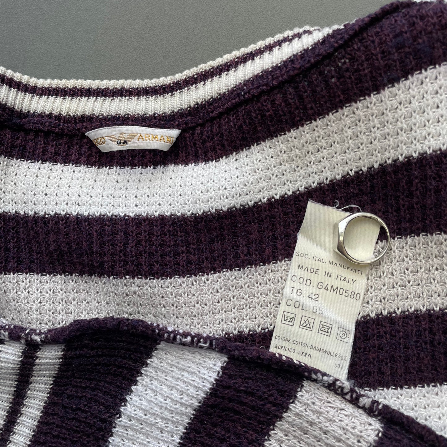 Giorgio Armani White Grey & Burgundy 80s Waffle Knit Boat Neck Jumper