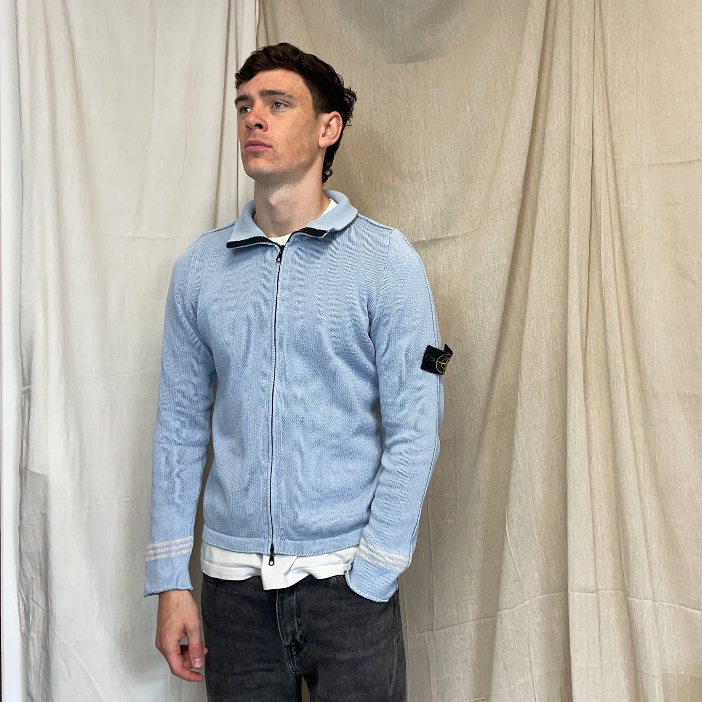 Stone Island Light Blue SS03 Silk Zip-Through Jumper
