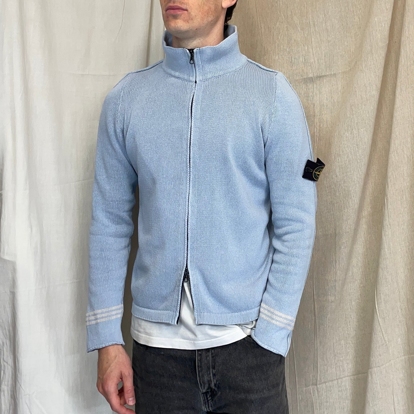 Stone Island Light Blue SS03 Silk Zip-Through Jumper