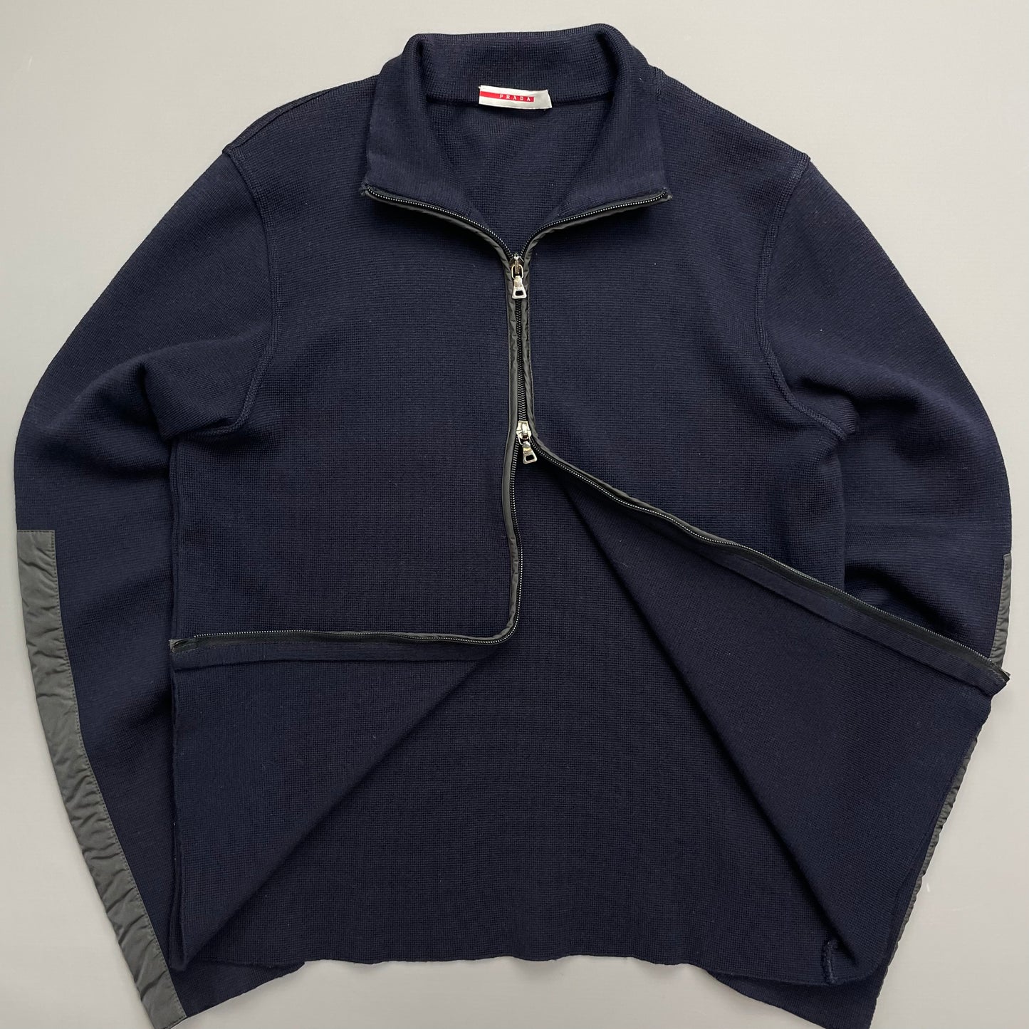 Prada Navy Nylon Panelled Zip-Through Knit Cardigan Jumper