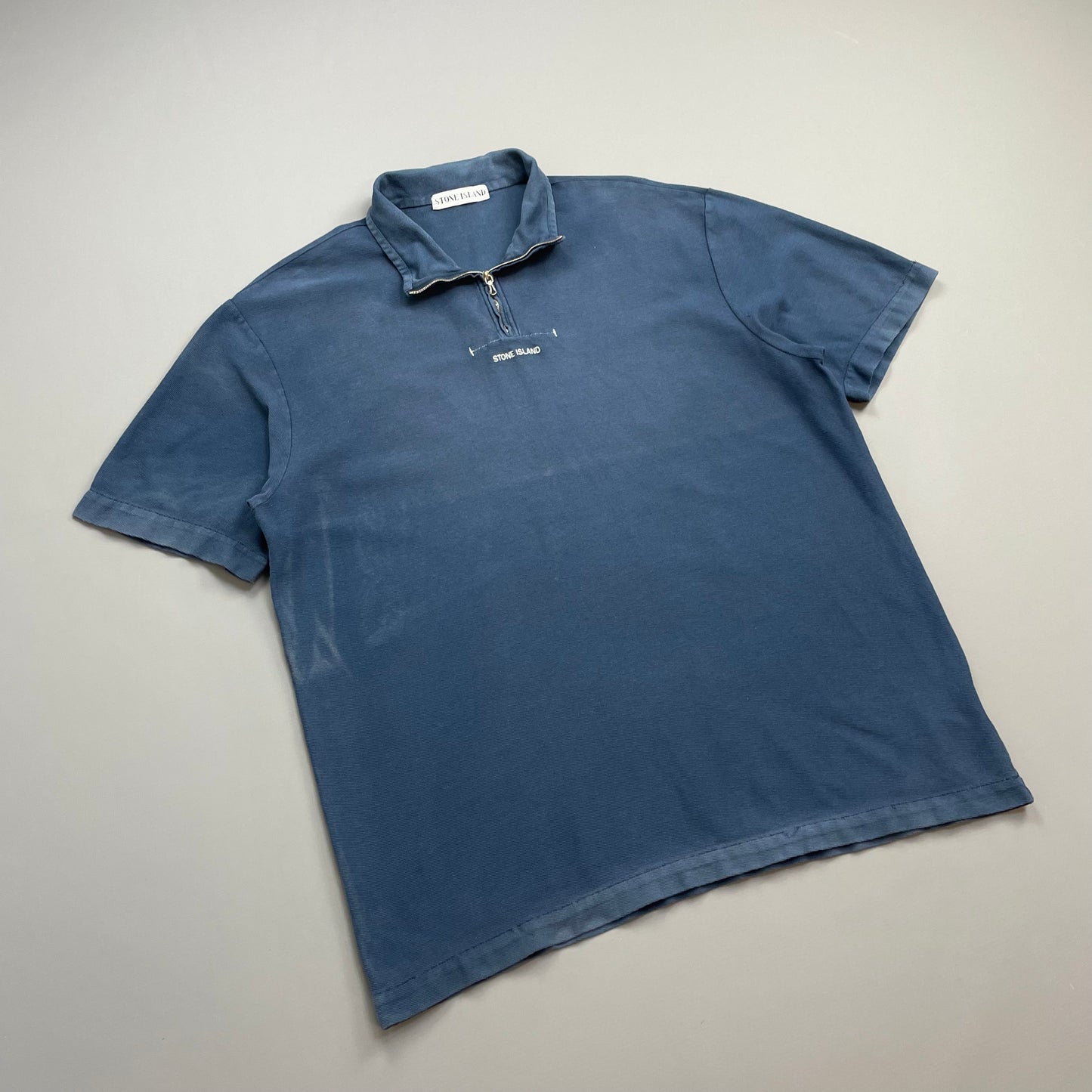 Stone Island Navy SS99 Zip-Collar Short Sleeve Spellout Polo Shirt