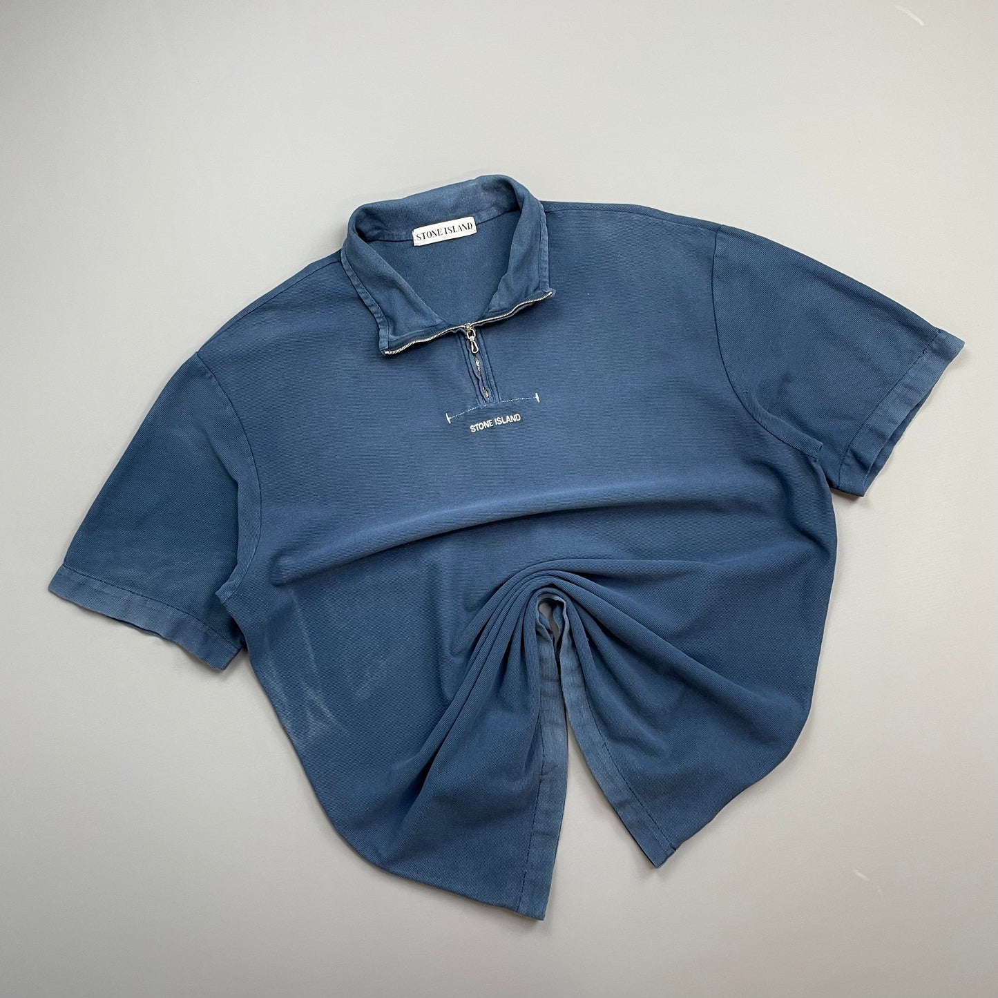 Stone Island Navy SS99 Zip-Collar Short Sleeve Spellout Polo Shirt