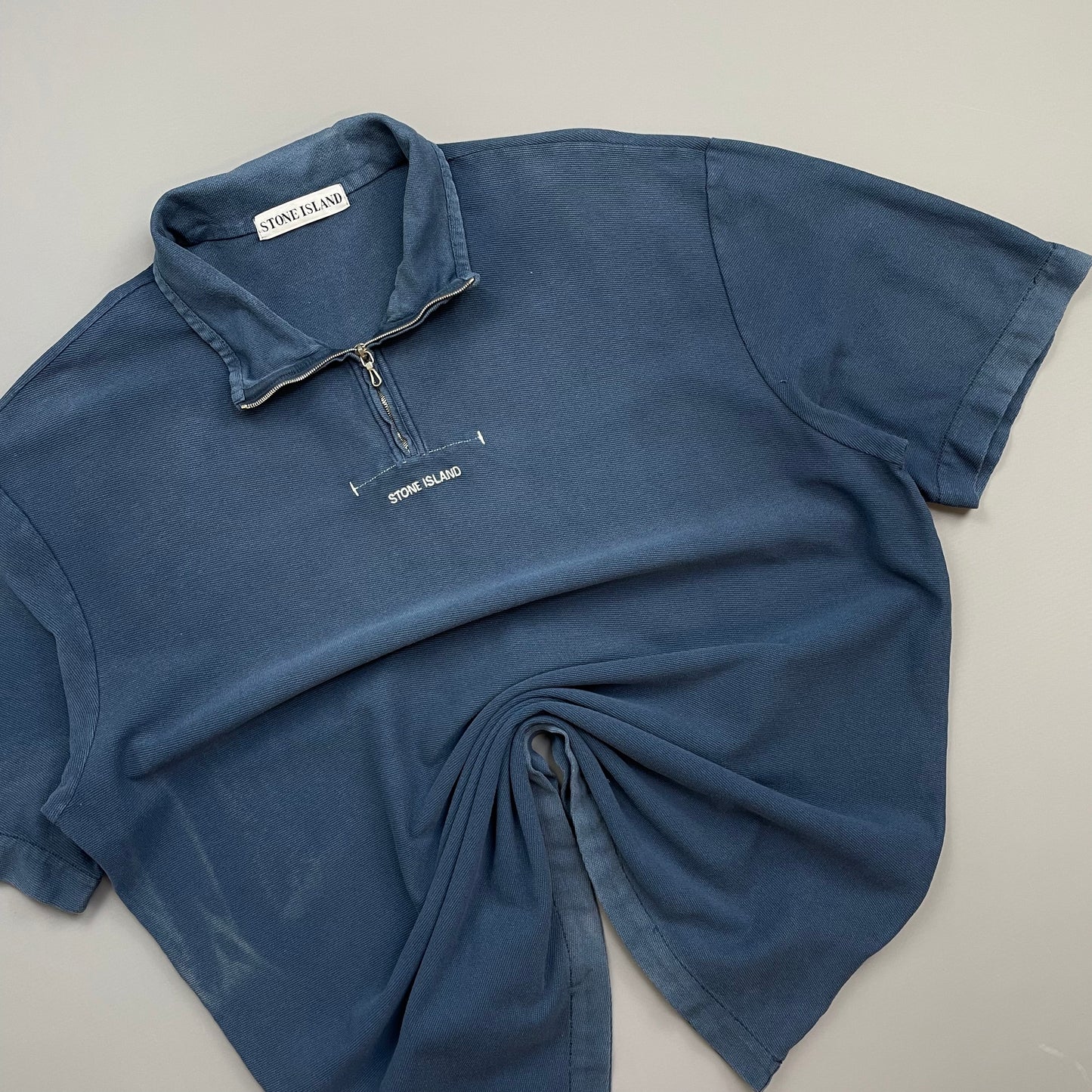 Stone Island Navy SS99 Zip-Collar Short Sleeve Spellout Polo Shirt