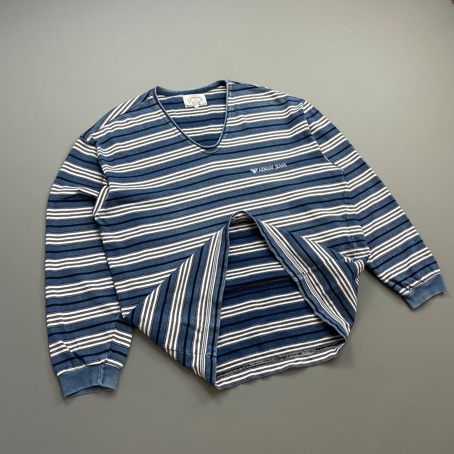 Armani Jeans Blue & White 90s Striped Scoop Neck Jumper