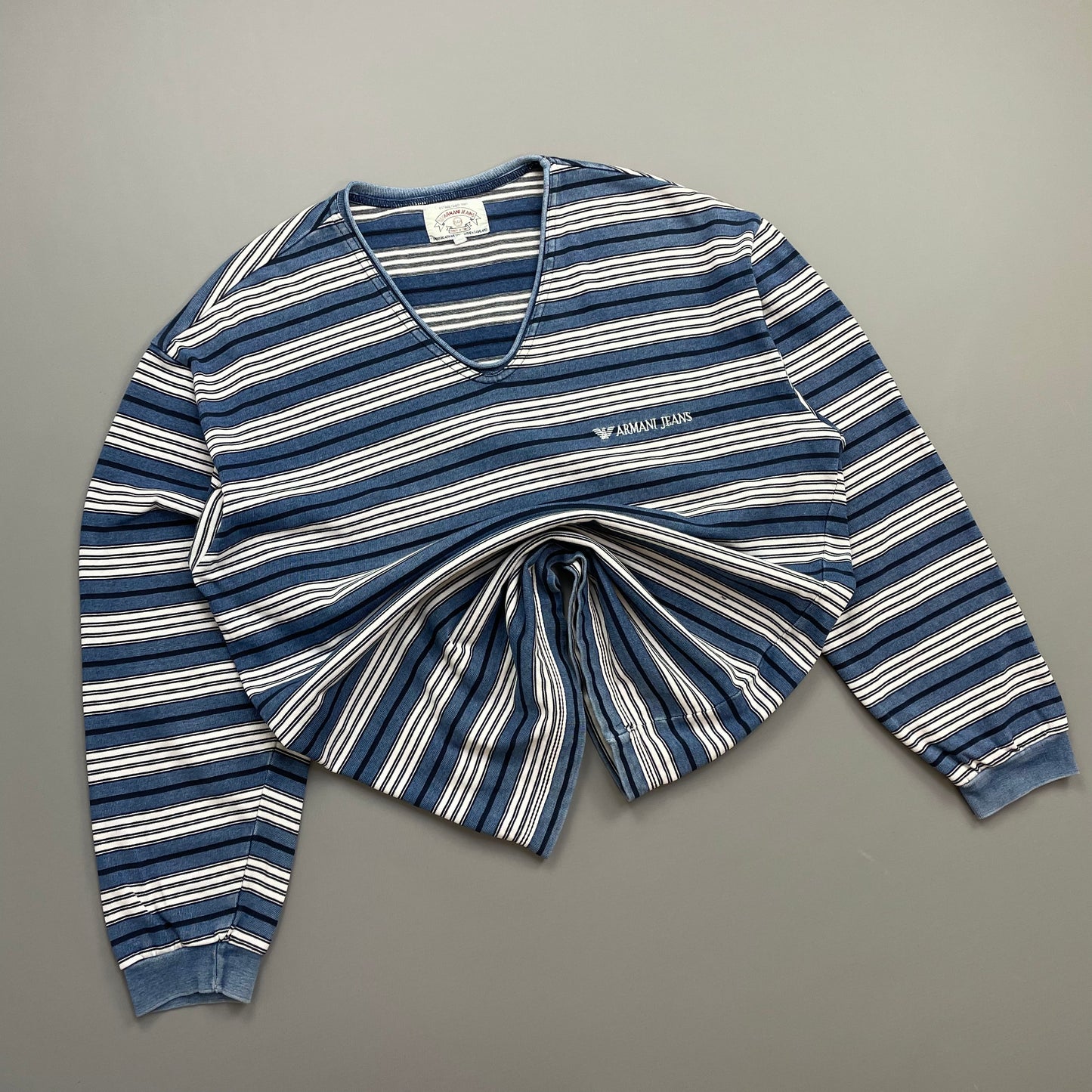 Armani Jeans Blue & White 90s Striped Scoop Neck Jumper