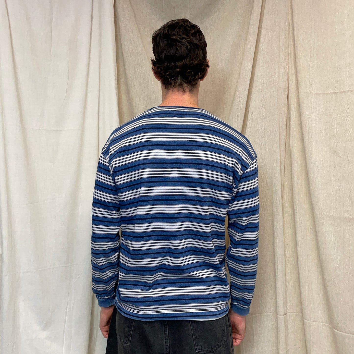 Armani Jeans Blue & White 90s Striped Scoop Neck Jumper
