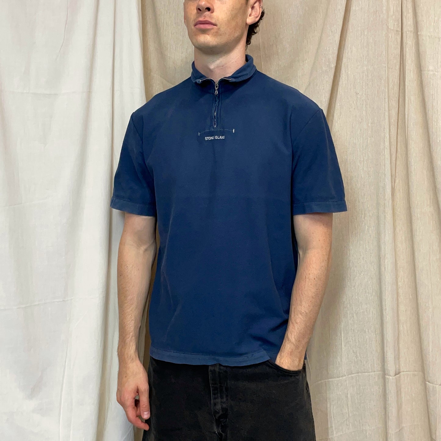 Stone Island Navy SS99 Zip-Collar Short Sleeve Spellout Polo Shirt