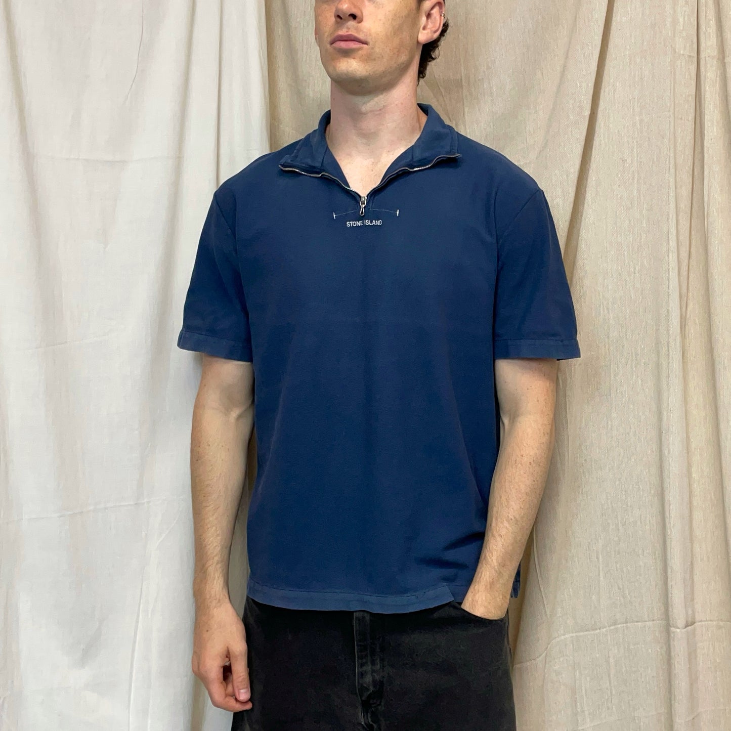 Stone Island Navy SS99 Zip-Collar Short Sleeve Spellout Polo Shirt