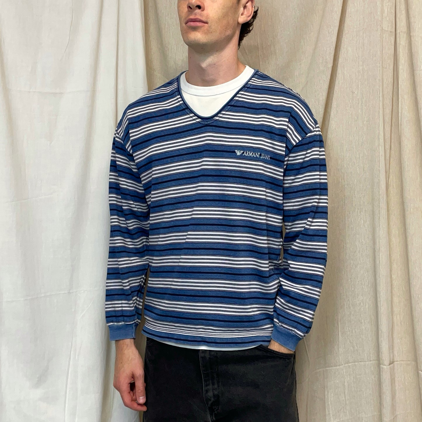 Armani Jeans Blue & White 90s Striped Scoop Neck Jumper