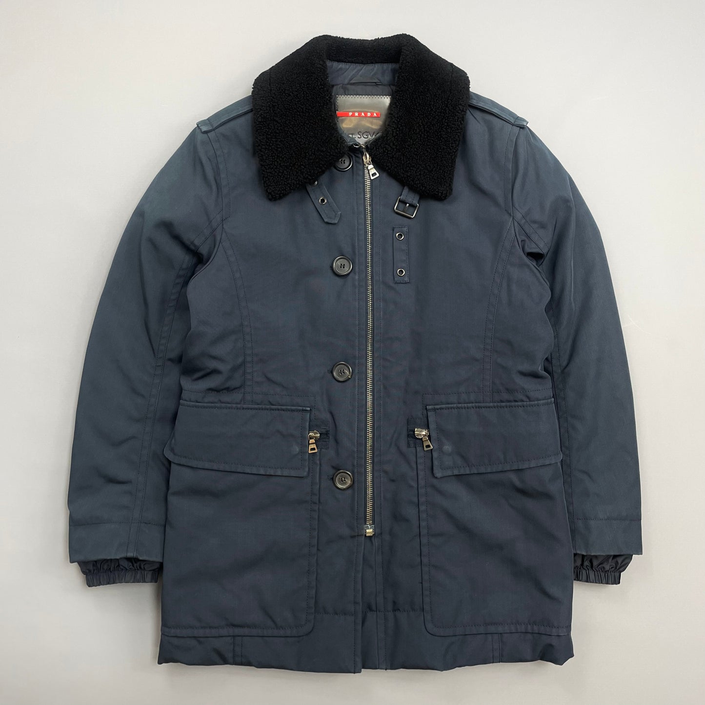 Prada Sport Blue Canvas Nylon Sheep Fur Collar Utility Padded Overcoat