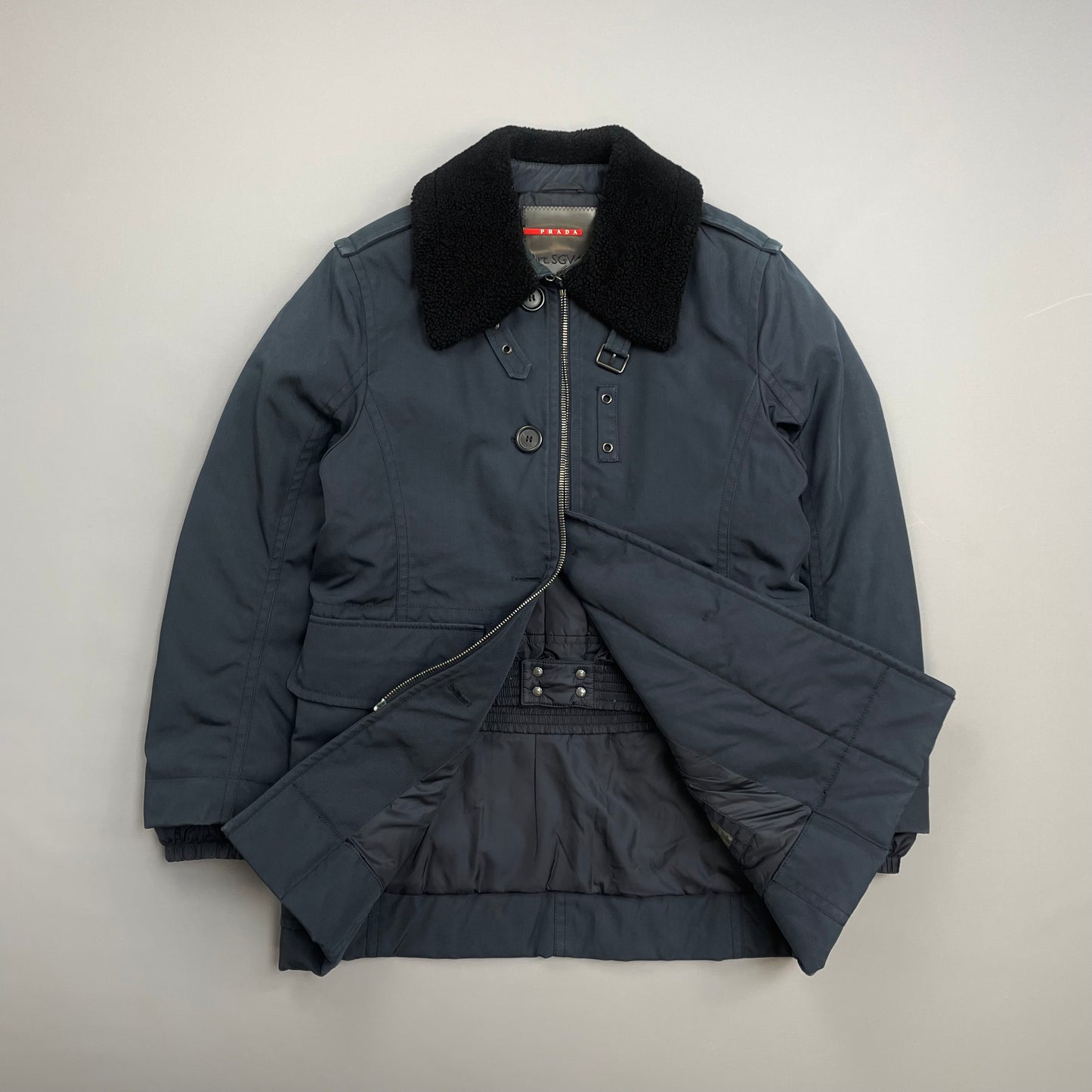 Prada Sport Blue Canvas Nylon Sheep Fur Collar Utility Padded Overcoat