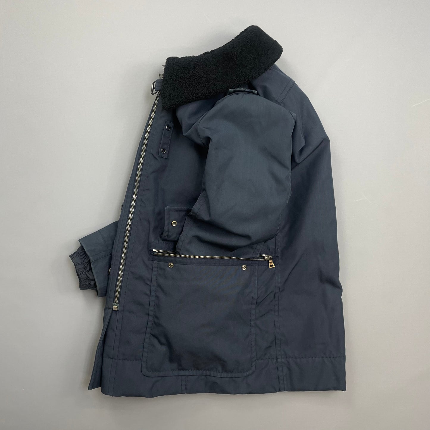 Prada Sport Blue Canvas Nylon Sheep Fur Collar Utility Padded Overcoat