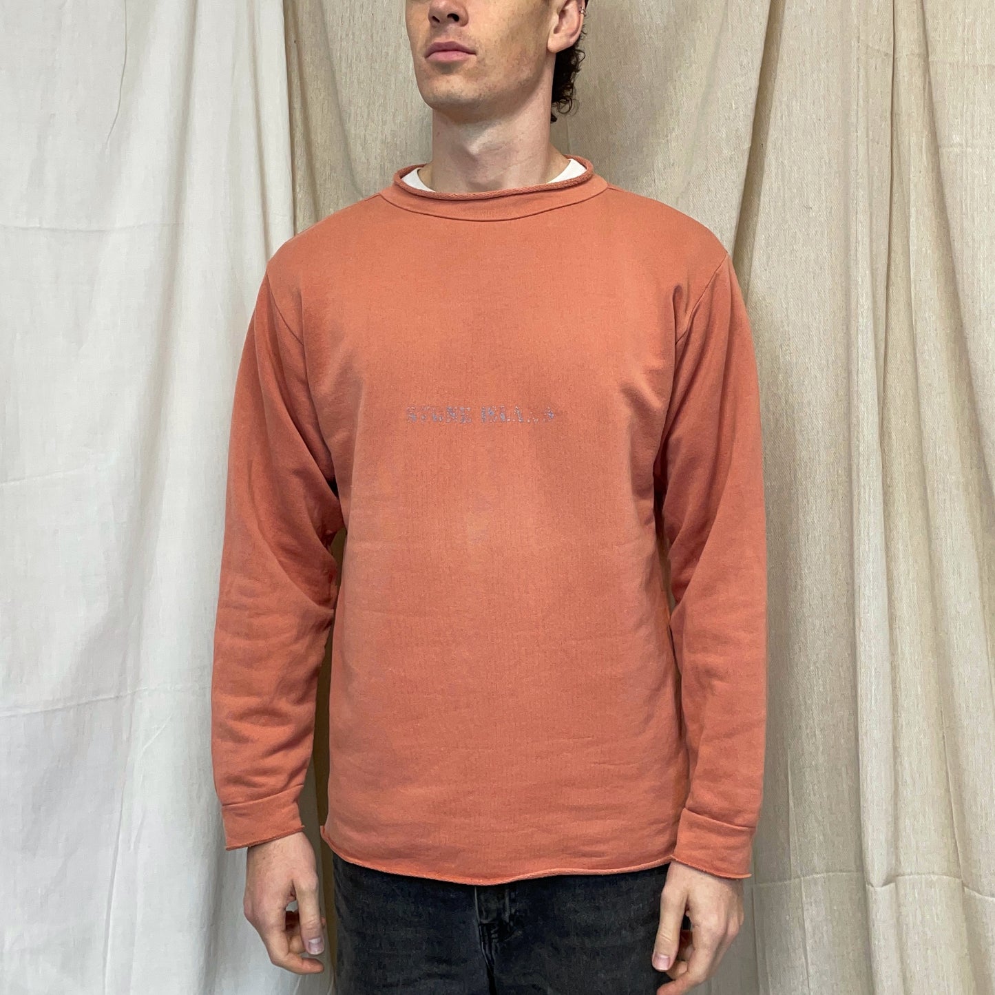 Stone Island Peach Orange 80s Reflective Spellout Mako Cotton Raw-Edge Jumper