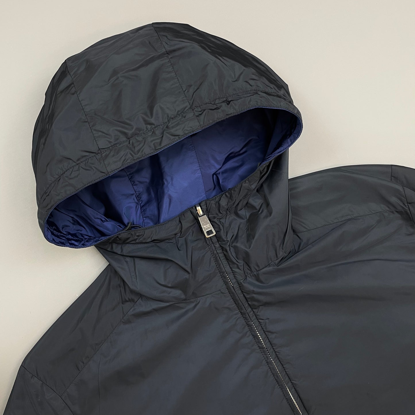 Prada Sport 2014 Navy & Iridescent Blue Reversible Resin-Coated Nylon Hooded Windbreaker Jacket