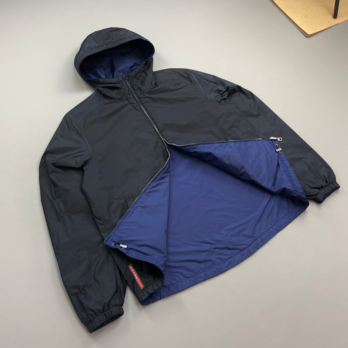 Prada Sport 2014 Navy & Iridescent Blue Reversible Resin-Coated Nylon Hooded Windbreaker Jacket