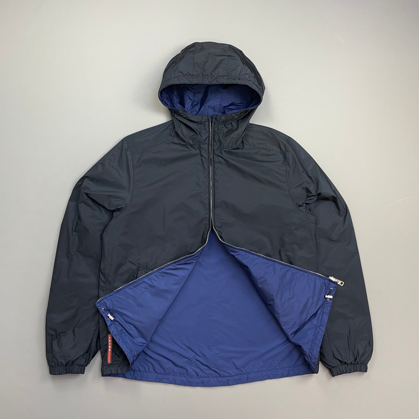 Prada Sport 2014 Navy & Iridescent Blue Reversible Resin-Coated Nylon Hooded Windbreaker Jacket