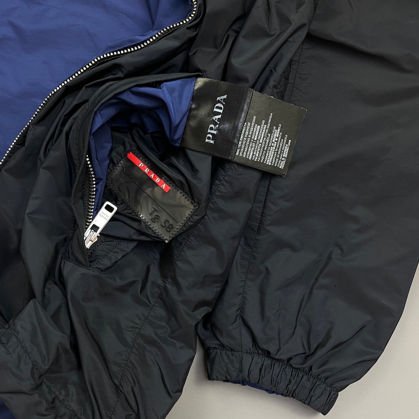 Prada Sport 2014 Navy & Iridescent Blue Reversible Resin-Coated Nylon Hooded Windbreaker Jacket