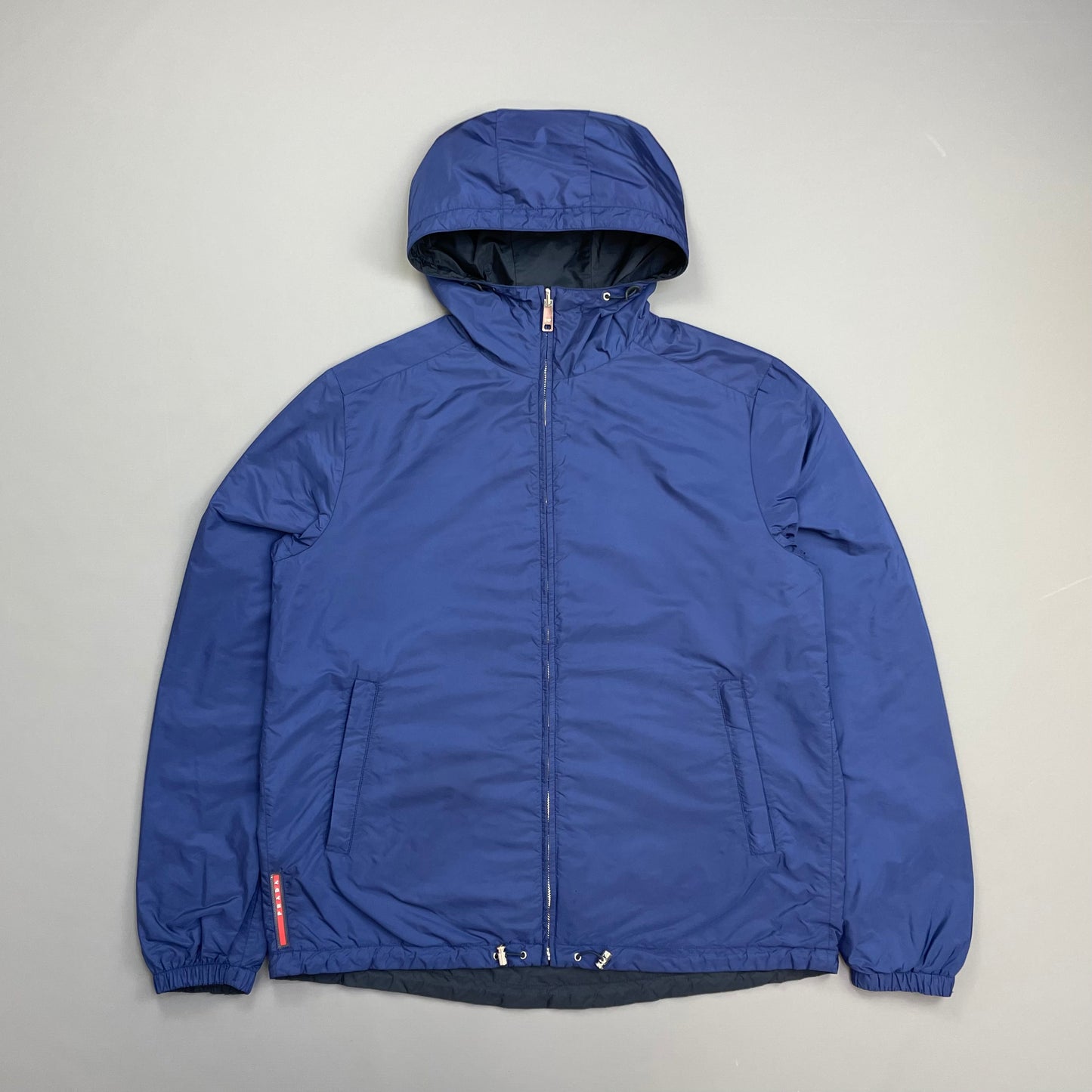 Prada Sport 2014 Navy & Iridescent Blue Reversible Resin-Coated Nylon Hooded Windbreaker Jacket