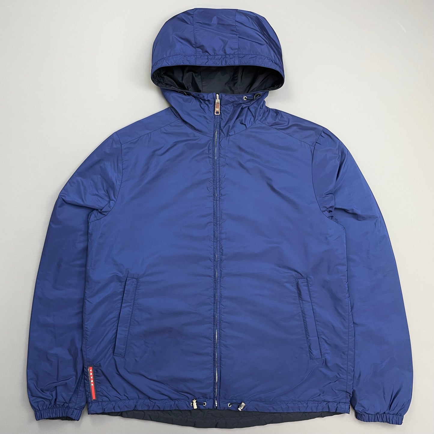Prada Sport 2014 Navy & Iridescent Blue Reversible Resin-Coated Nylon Hooded Windbreaker Jacket